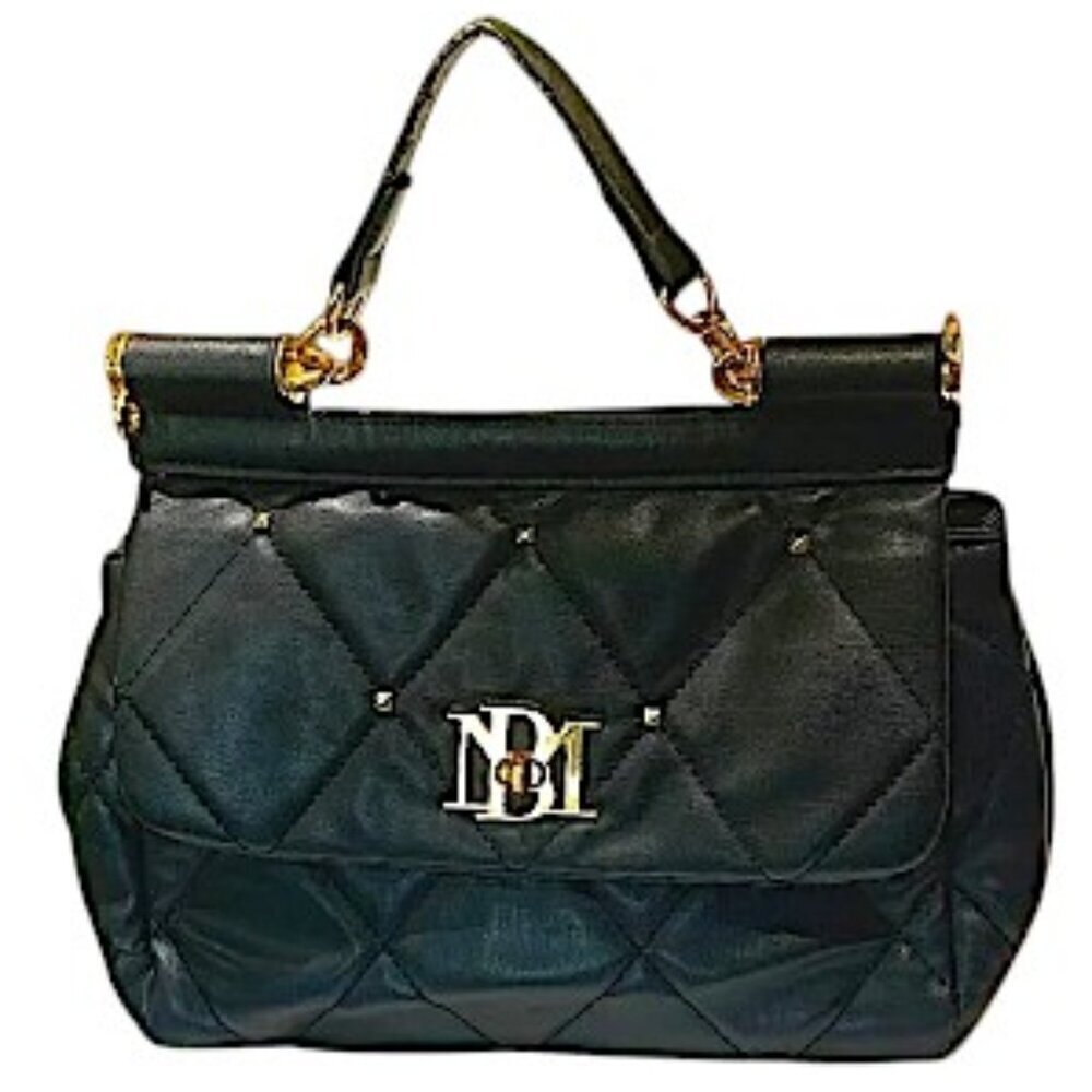 BADGLEY MISCHKA Black Vegan Leather Studded Big Diamond Quilted Top Handle Bag